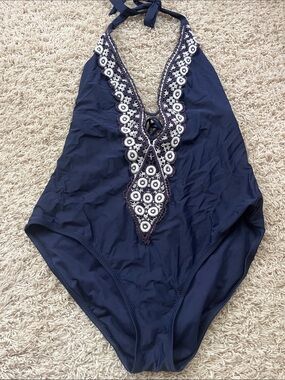 Kona Sol Navy One-Piece Swimsuit with White Crochet Trim